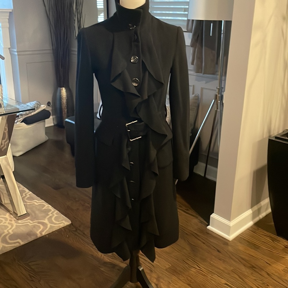 Diane con Furstenberg Ruffle Font Wool Belted Coat SZ 4